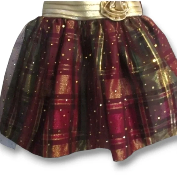Bonnie Jean Gold, Green, & Red Velvet Plaid & Sparkle Holiday Christmas Dress,2T